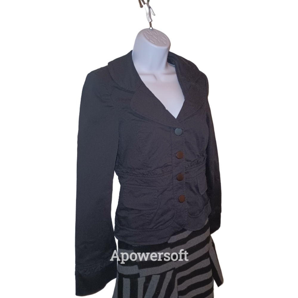 Cynthia Steffe Black Cropped Blazer Jacket with Ruffle Banding, Size 8 Button Up